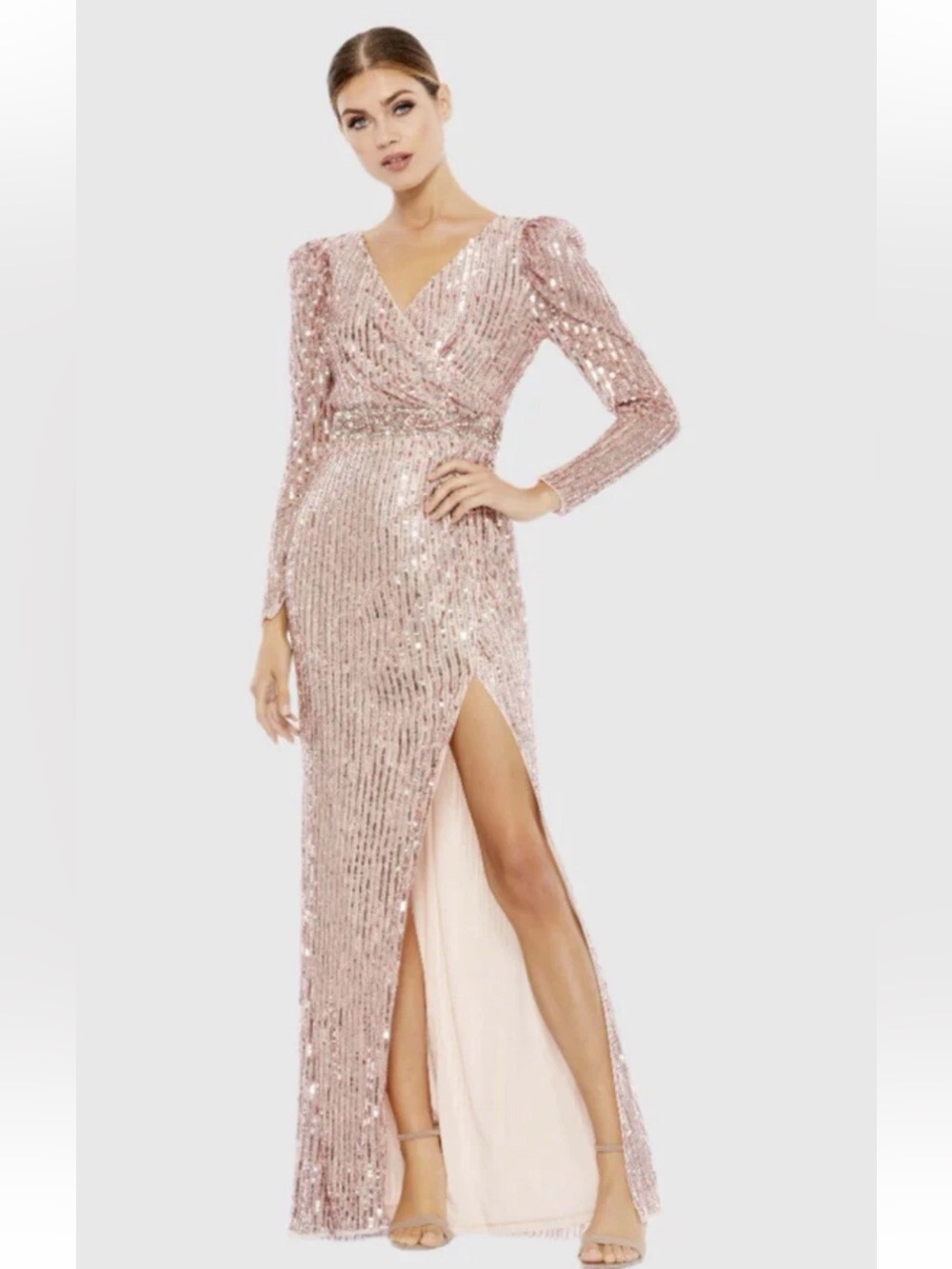 Mac Duggal Rose Gold Sequin Wrap V-Neck Long Sleeve Gown